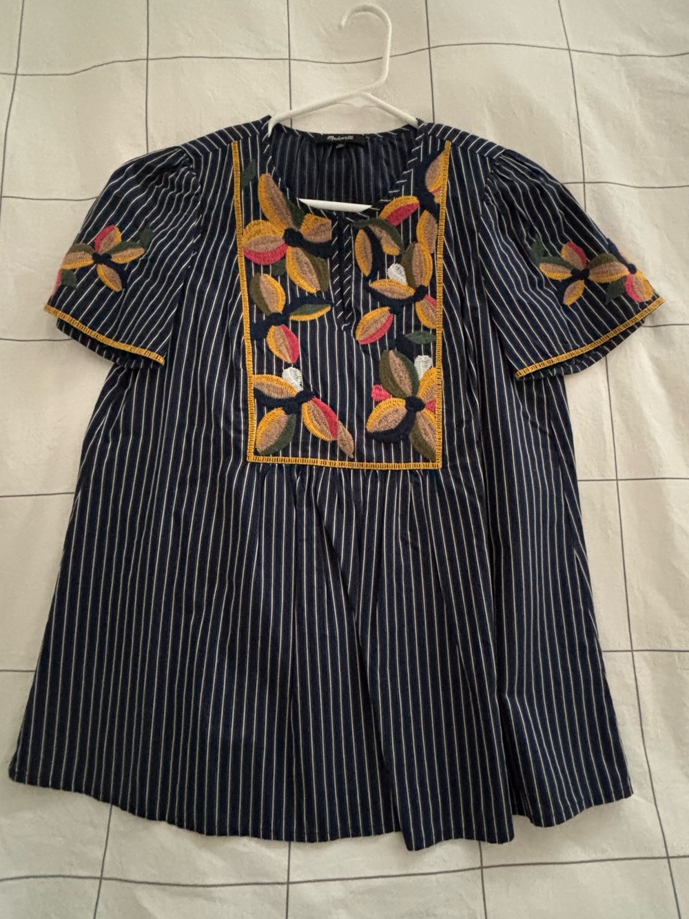 Madewell Navy Pinstripe Embroidered Kids Top with Yellow and Pink Accents